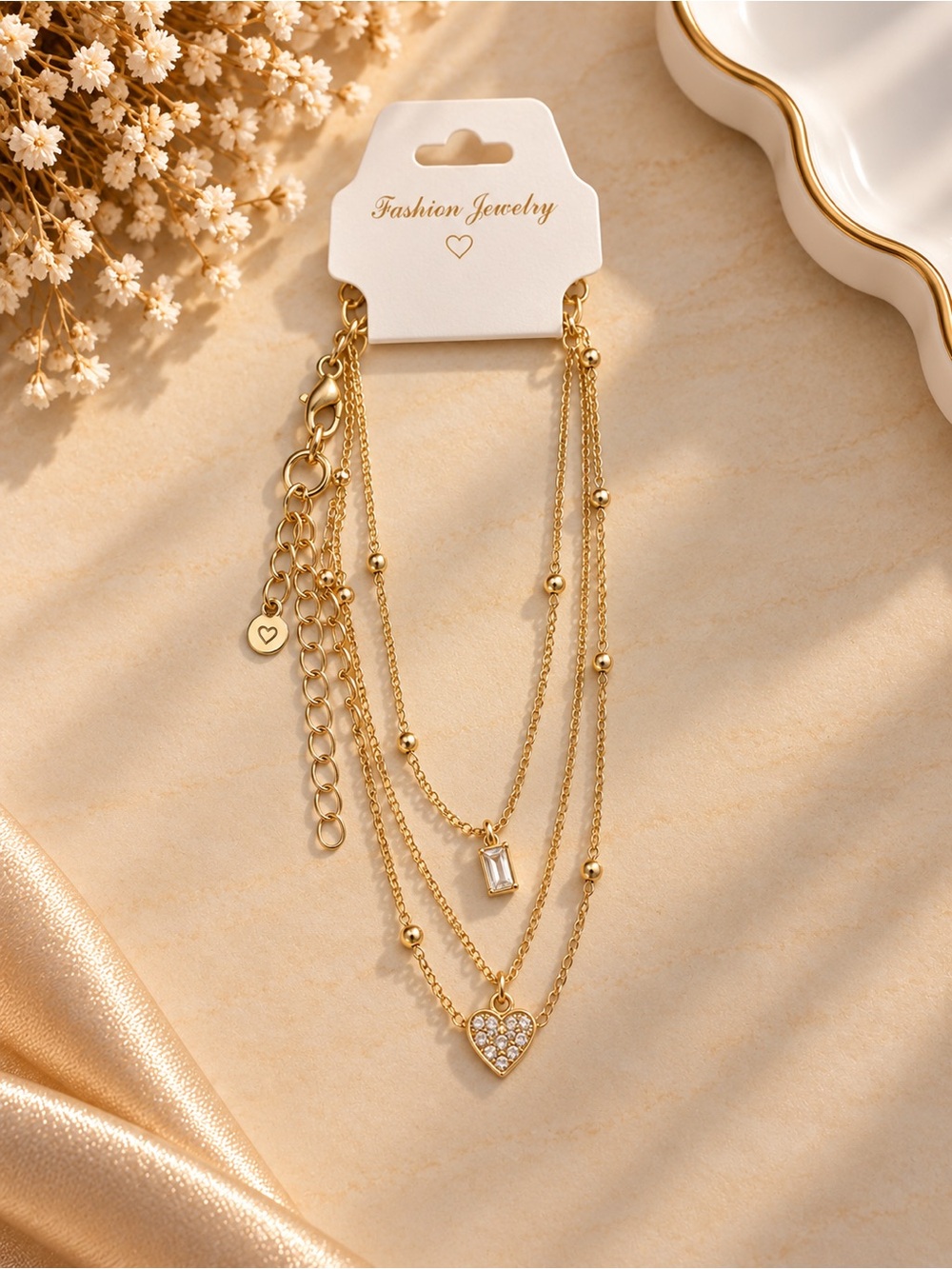 Fashion Jewelry Gold Layered Heart & Crystal Drop Bracelet